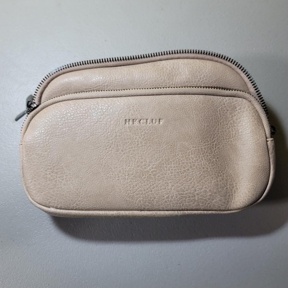 HKCLUF Beige Vegan Leather Belt Bag Crossbody Fanny Pack Multi Zip Travel Pouch
